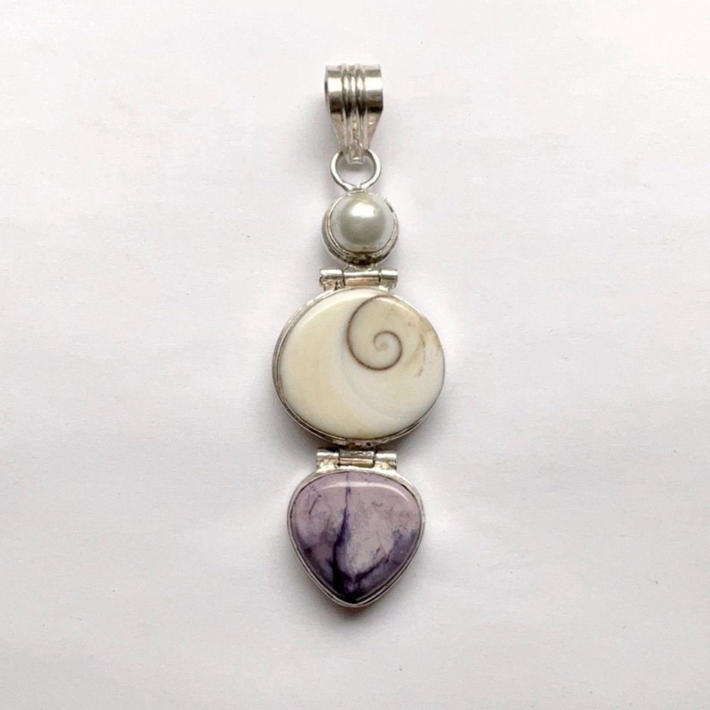 🟨Brand New Evil Eye Shiva Shell With Pearl & Amethyst SS Pendant Handcrafted